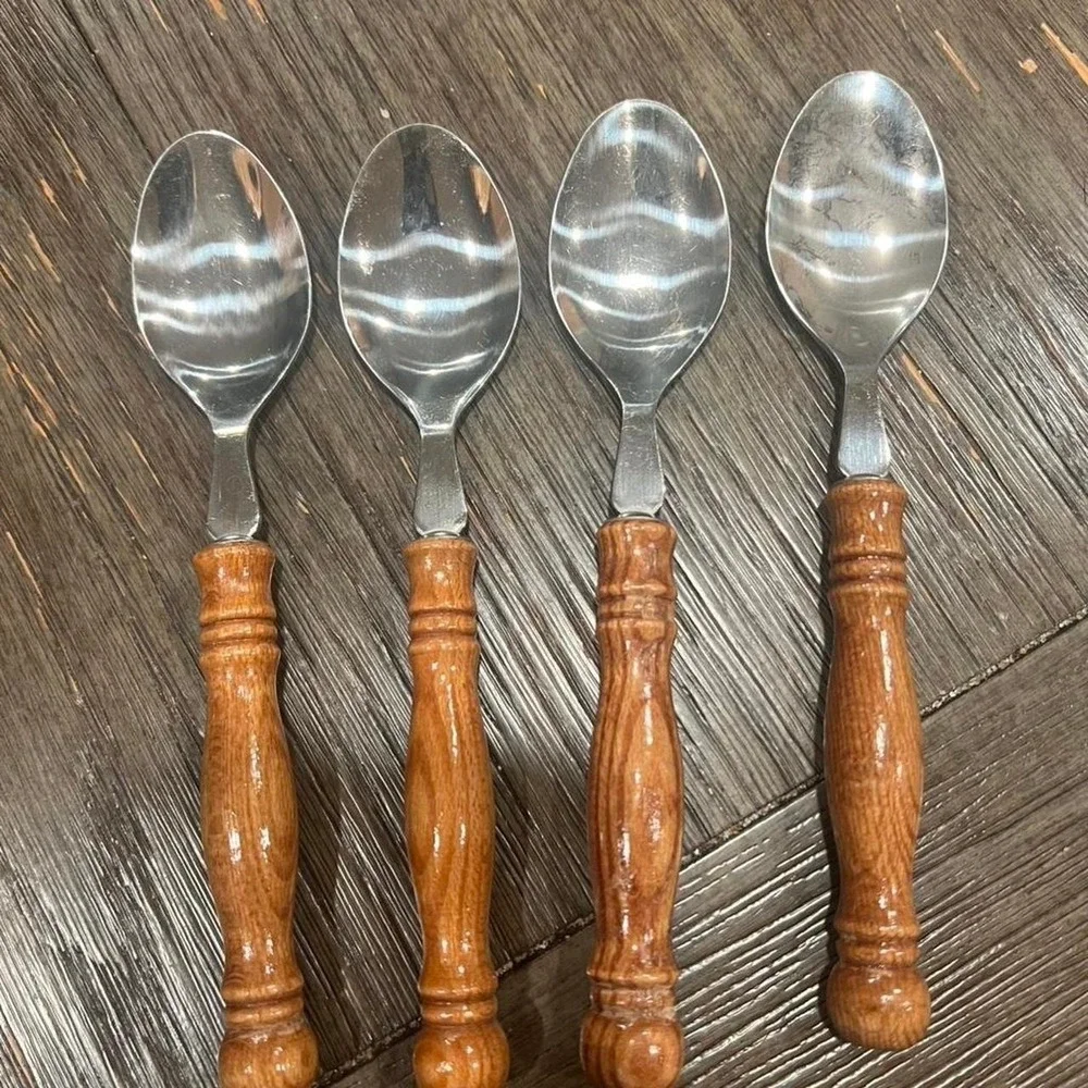 Vintage Stainless Steel Wood Handle Spoons Set of 4 Taiwan Mid Century Rustic
